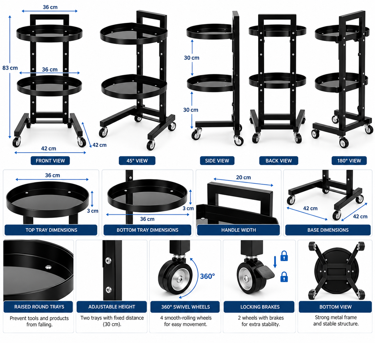 2 Tiers Movable Adjustable Salon Tray Station Hairdressing Salon Trolley