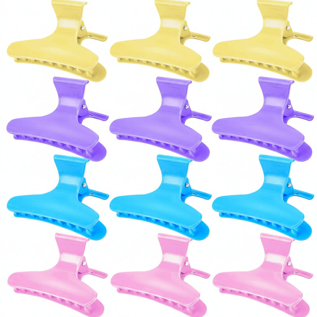 Nine plastic hair claw clips arranged in a 3-by-3 grid on a white background, shown in pastel yellow, purple, blue, and pink.