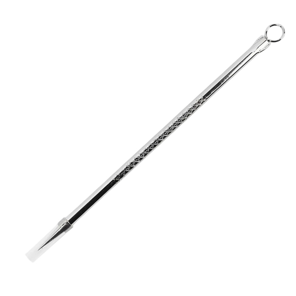 A silver metal double-ended facial skin tool with a textured handle, shown on a white background with two circular inset close-ups demonstrating its use on skin.