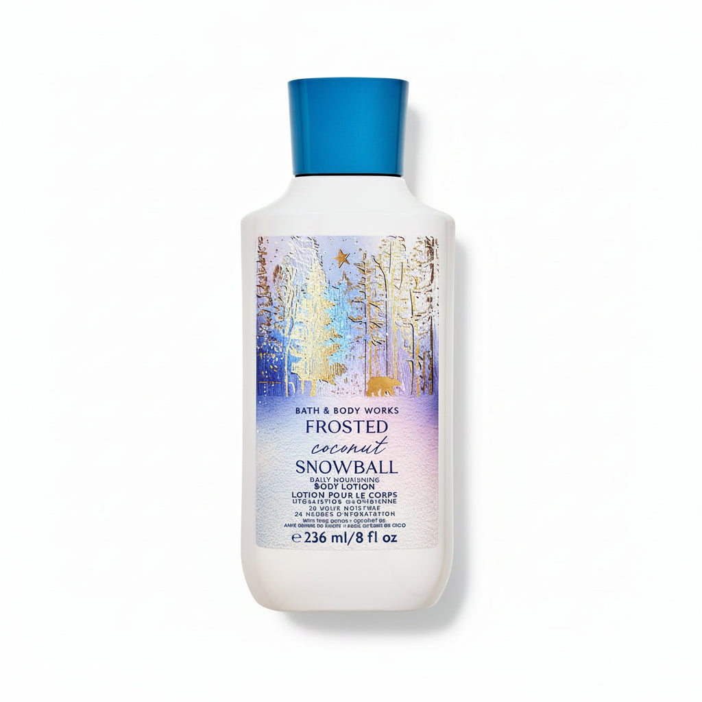 Bath & Body Works Frosted Snowball lotion bottle on a white background