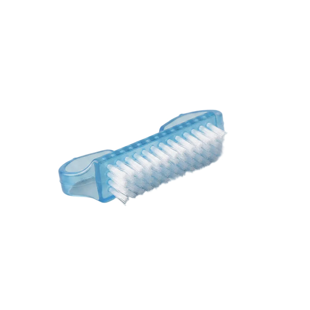 Blue nail brush held in a hand against a white background