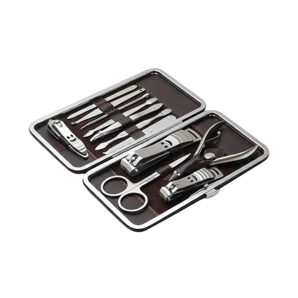 Manicure set with tools in a brown case on a white background
