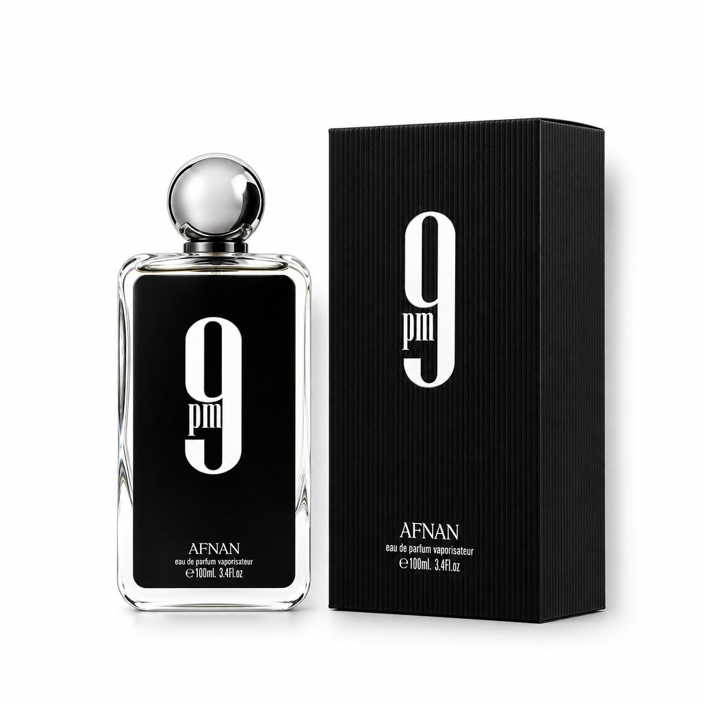 Afnan 9PM perfume bottle and packaging on a white background