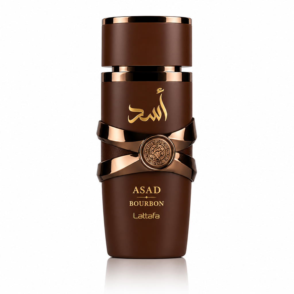 Brown bottle with gold accents on a white background