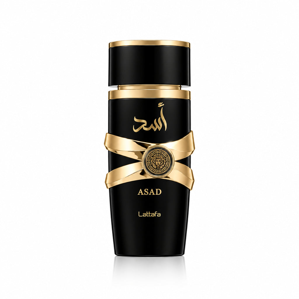 Black perfume bottle with gold accents and 'Asad' branding on a white background