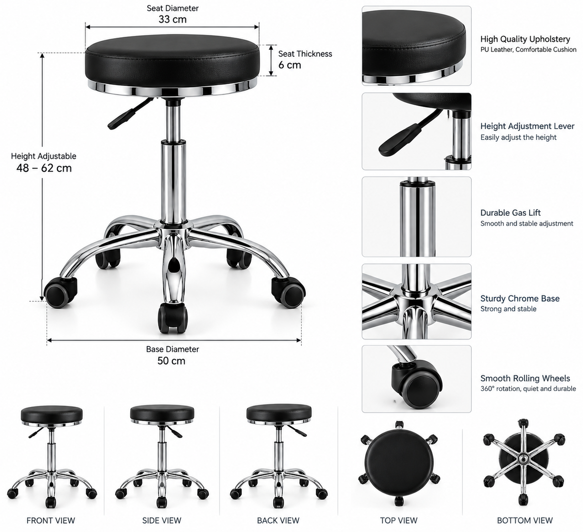 Professional Salon Stool-Tabouret Adjustable Height Rolling Swivel Chair