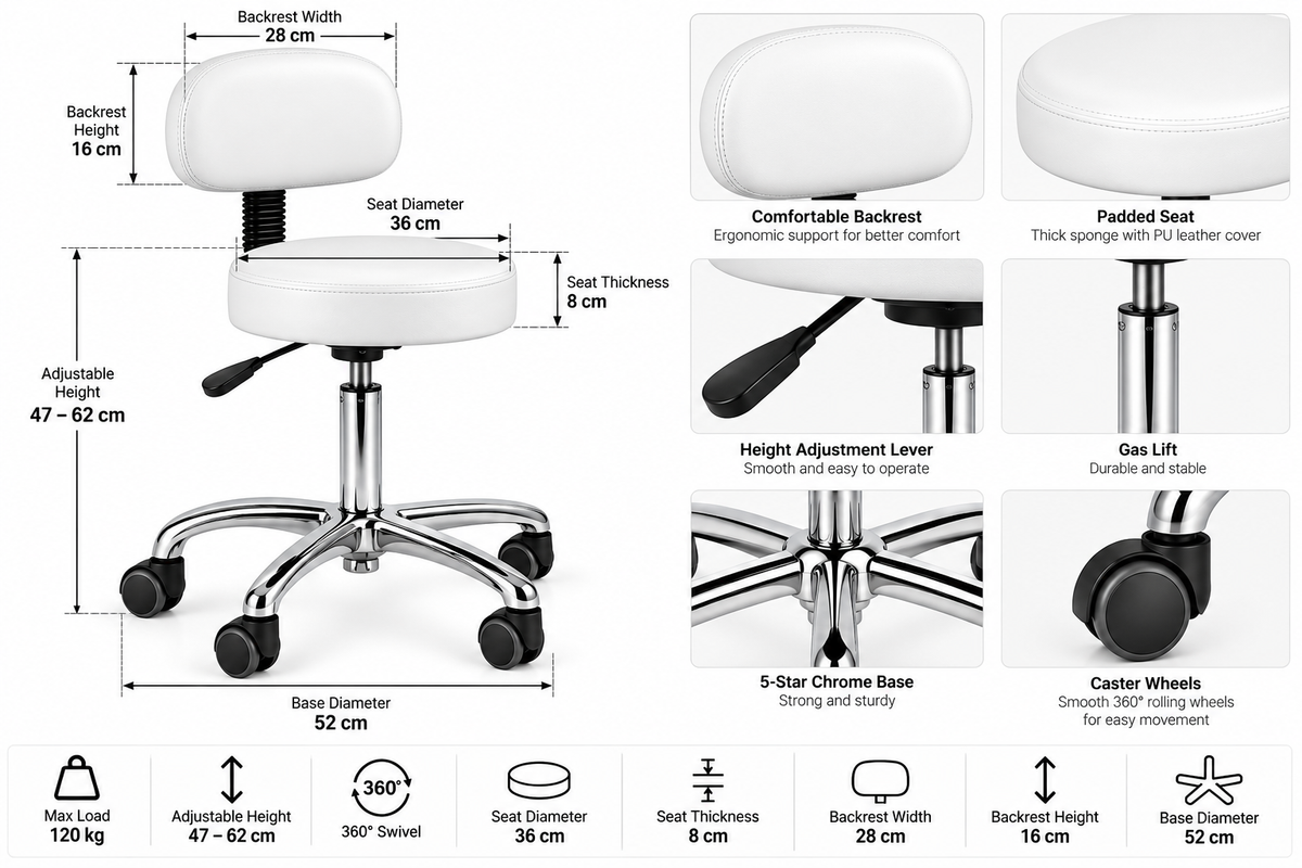 Swivel Spa Massage Stool-Tabouret Adjustable Height Salon with Backrest