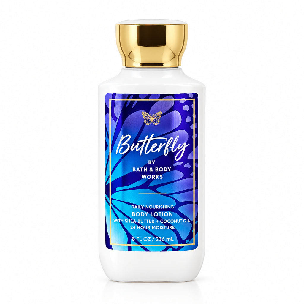 Body lotion bottle with blue label and gold cap on white background