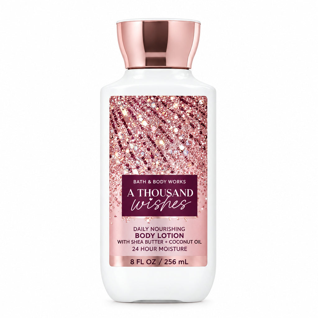 Bath and Body Works 'A Thousand Wishes' body lotion bottle on a white background