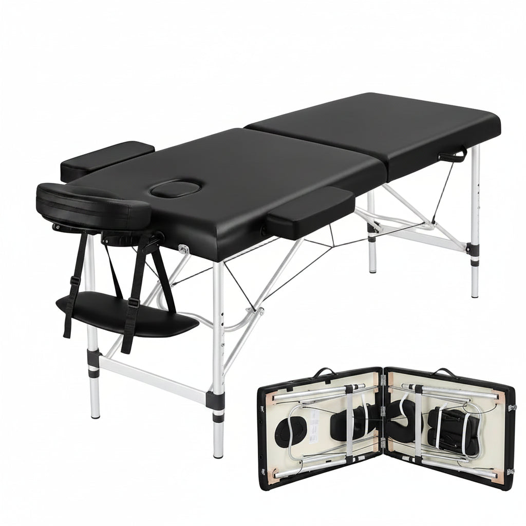 Black massage table with carrying case on a white background