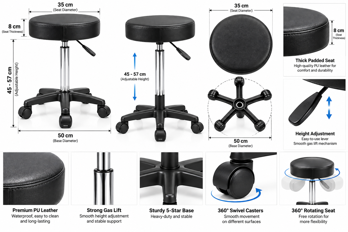 Professional Beauty Salon Stool – Tabouret 360° Swivel Adjustable Rolling Chair