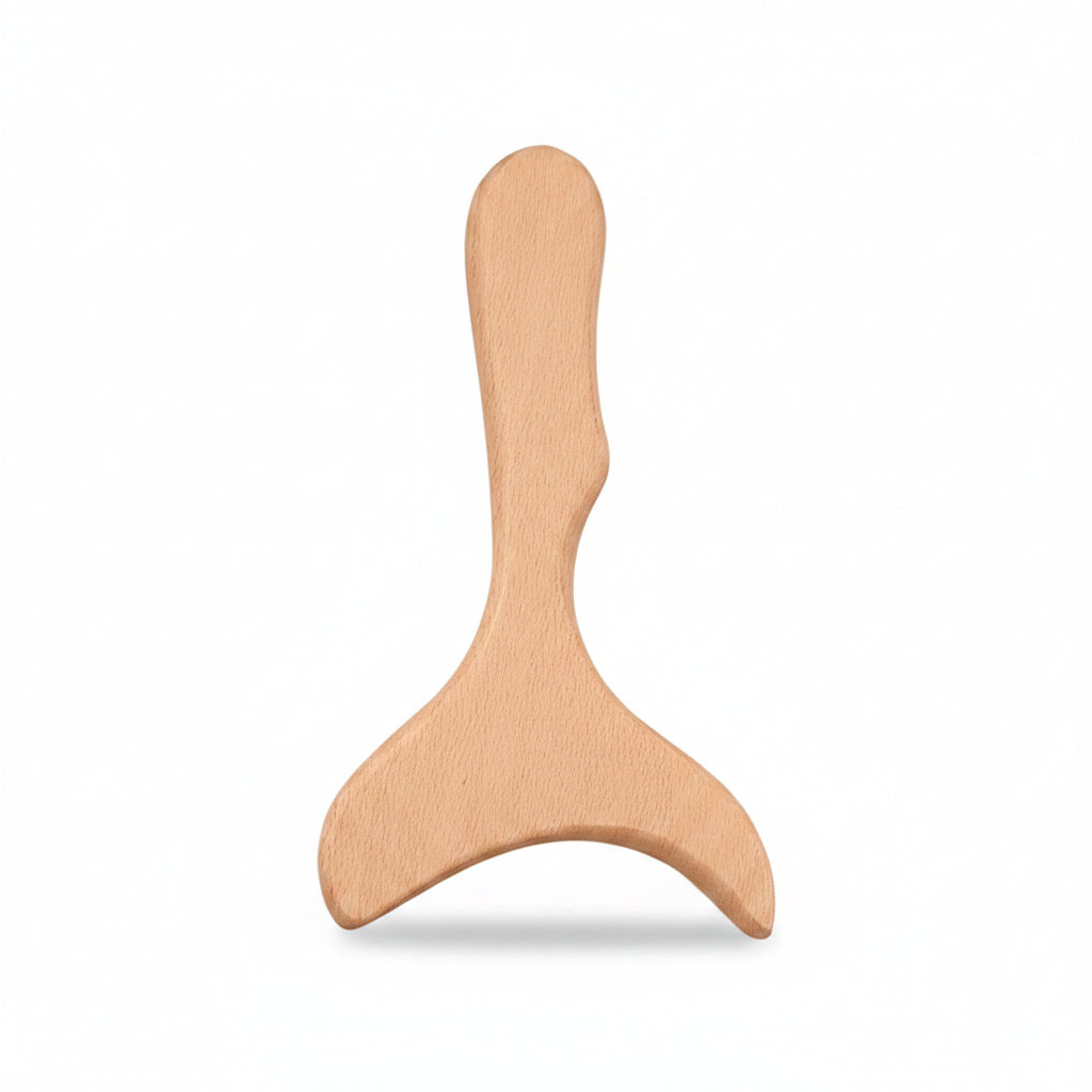 A beige foot-shaped massage tool shown on a white background, with a smaller inset photo of hands and feet using the tool on a leg.