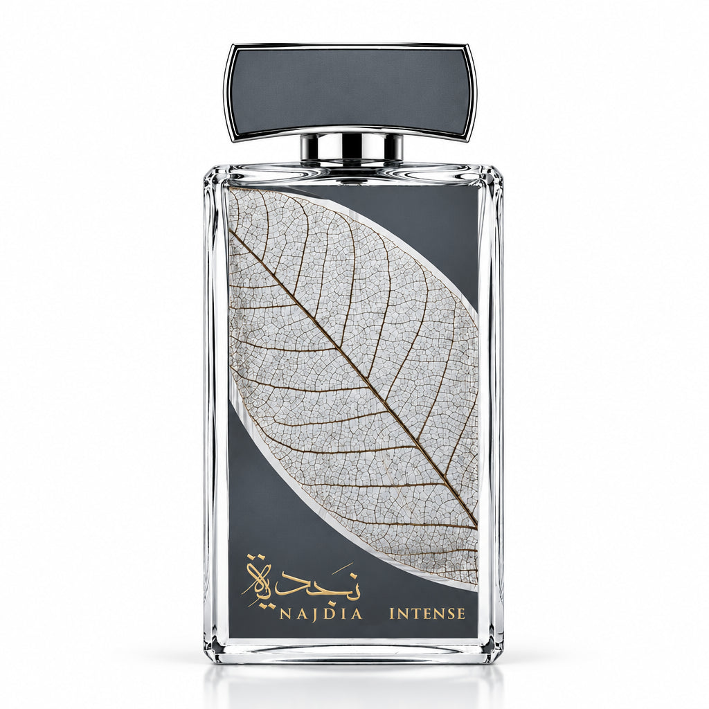 Najda Intense perfume bottle with a clear glass body, a large white leaf design on a gray background, and a dark gray rectangular cap.