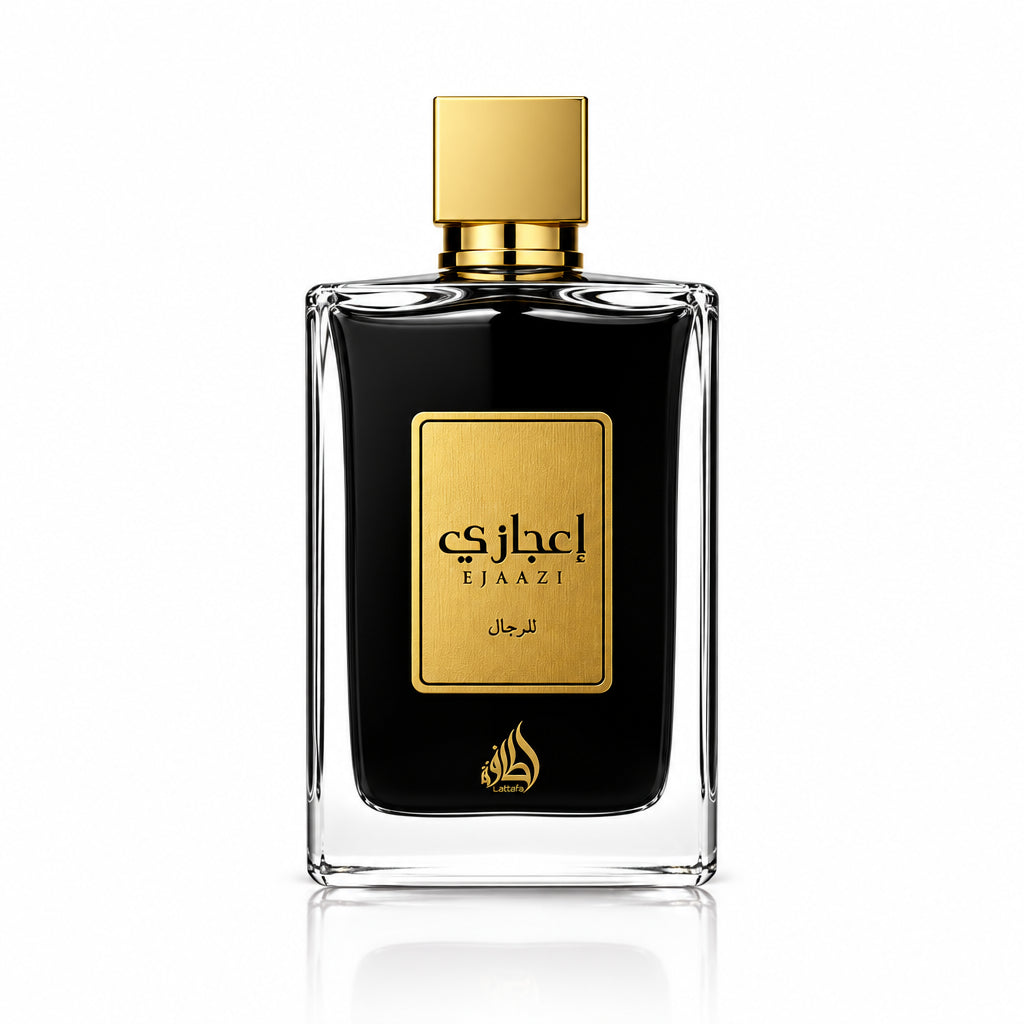 Perfume bottle with gold cap and black label on a white background