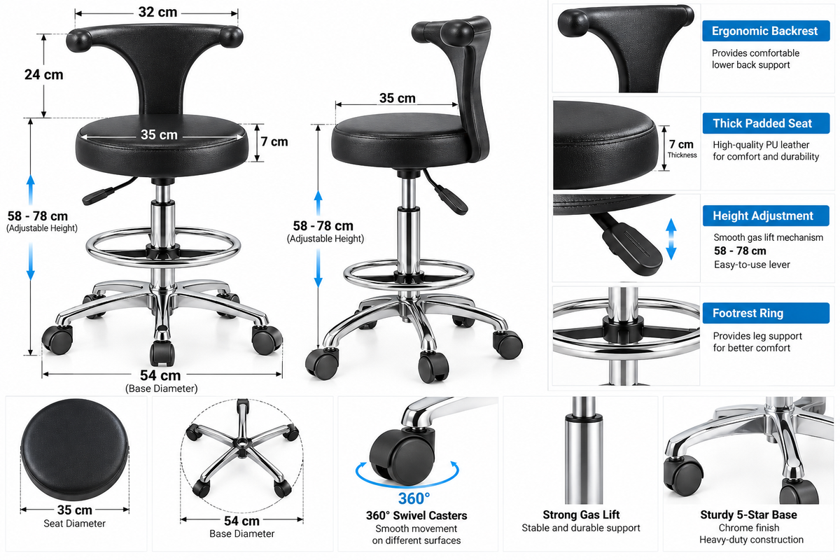 Professional Adjustable Swivel Rolling Salon Stool-Medical-Clinics Tabouret-Chair