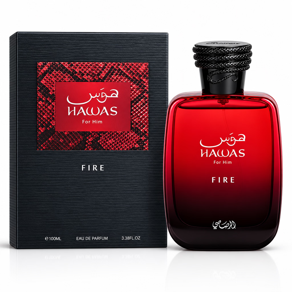 Hawas Fire perfume bottle and packaging on a white background