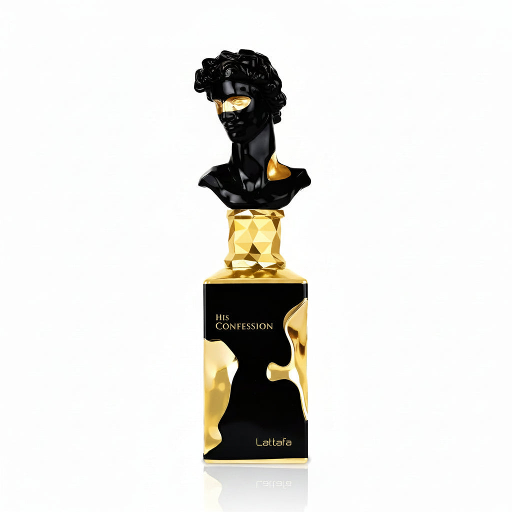 Perfume bottle with black bust design on a white background