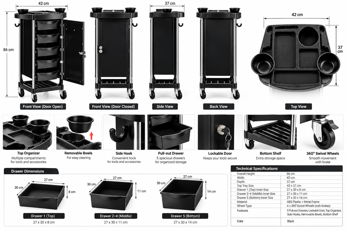 Professional Hair Dye Trolley Salon Color Storage Cart with Lock
