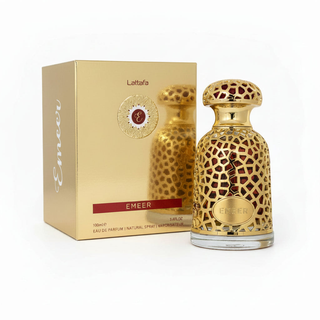 Gold Lattafa Emeer perfume bottle and packaging on a white background