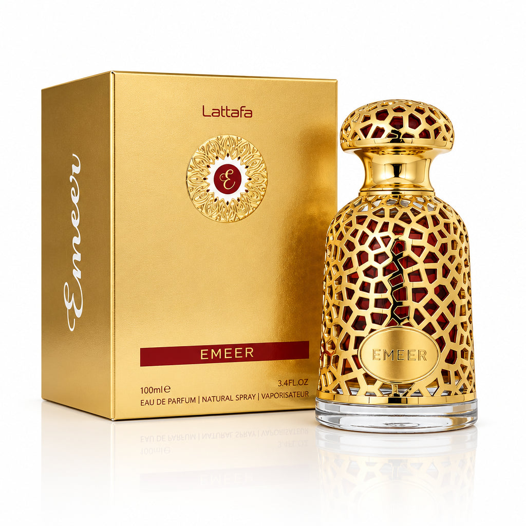 Gold Lattafa Emeer perfume bottle and packaging on a white background