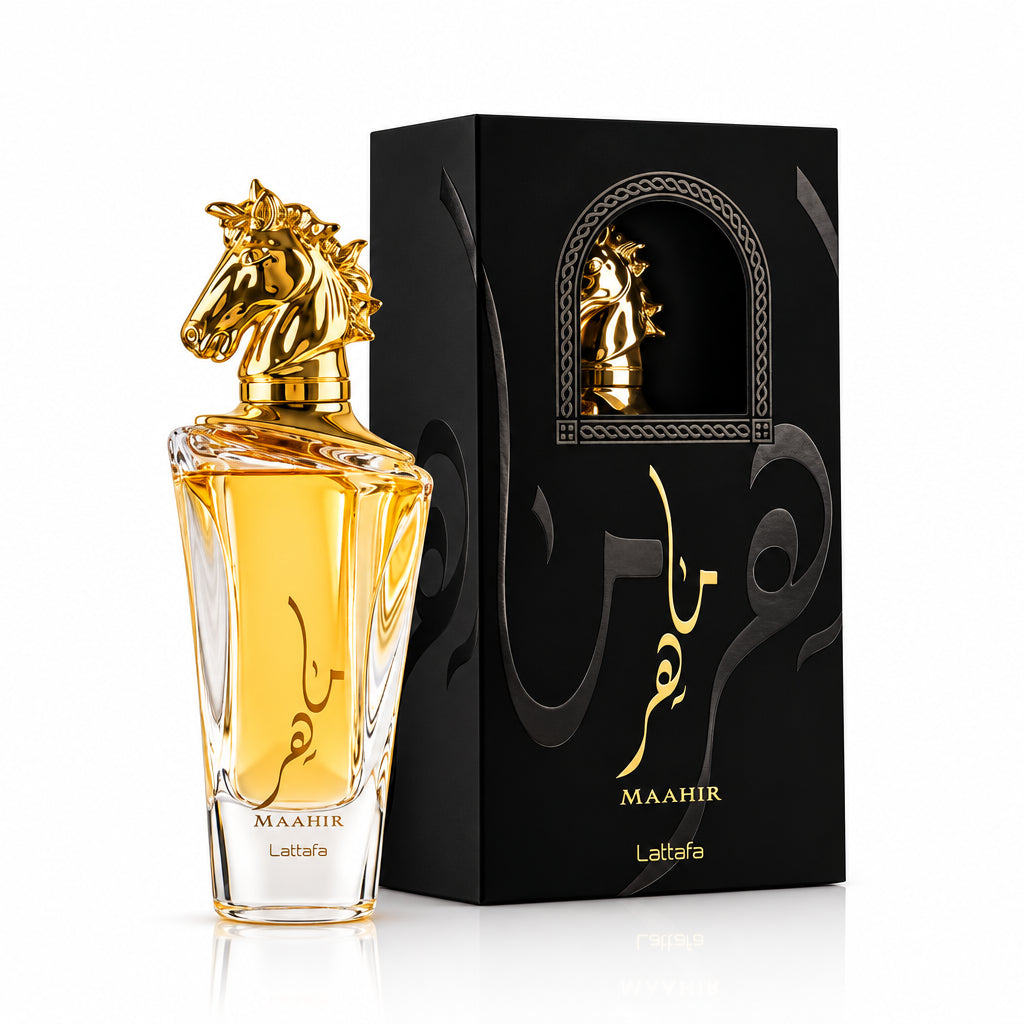 Perfume bottle with gold horse design and matching black packaging on a white background
