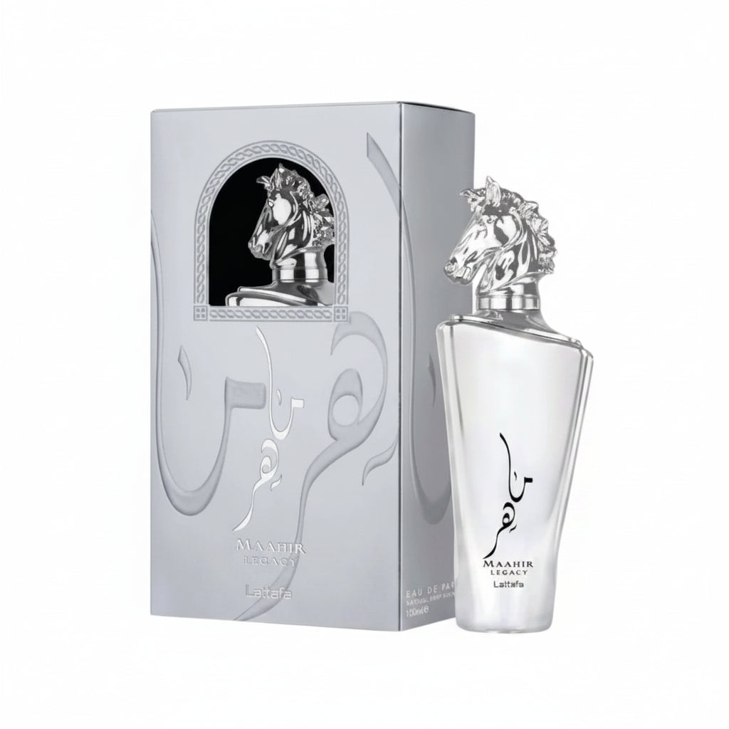Perfume bottle with silver horse design and matching box on a white background