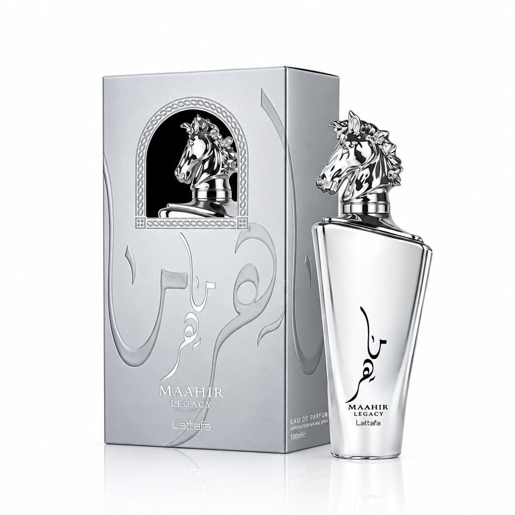 Perfume bottle with silver horse design and matching box on a white background