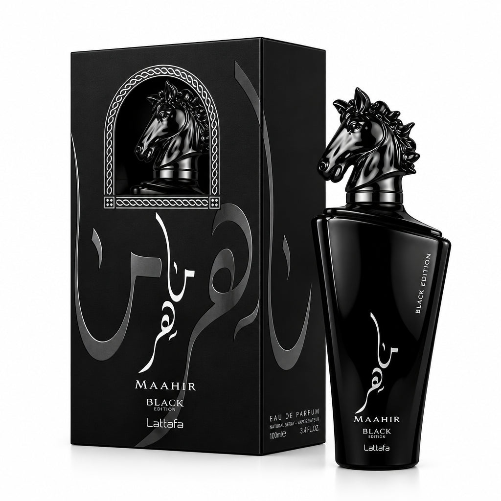 Black perfume bottle with horse design and packaging on a white background
