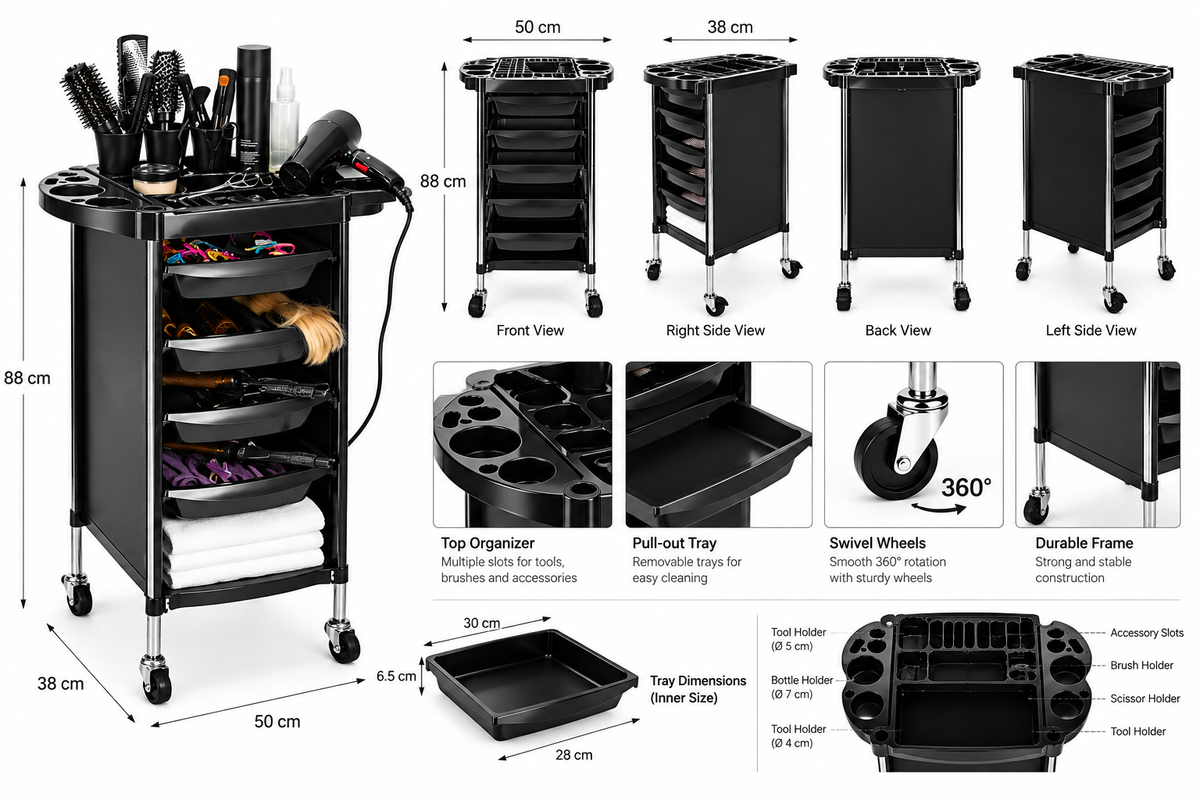 Multi-Tier Black Plastic Rolling Beauty Salon & Hairdressing Trolley Cart