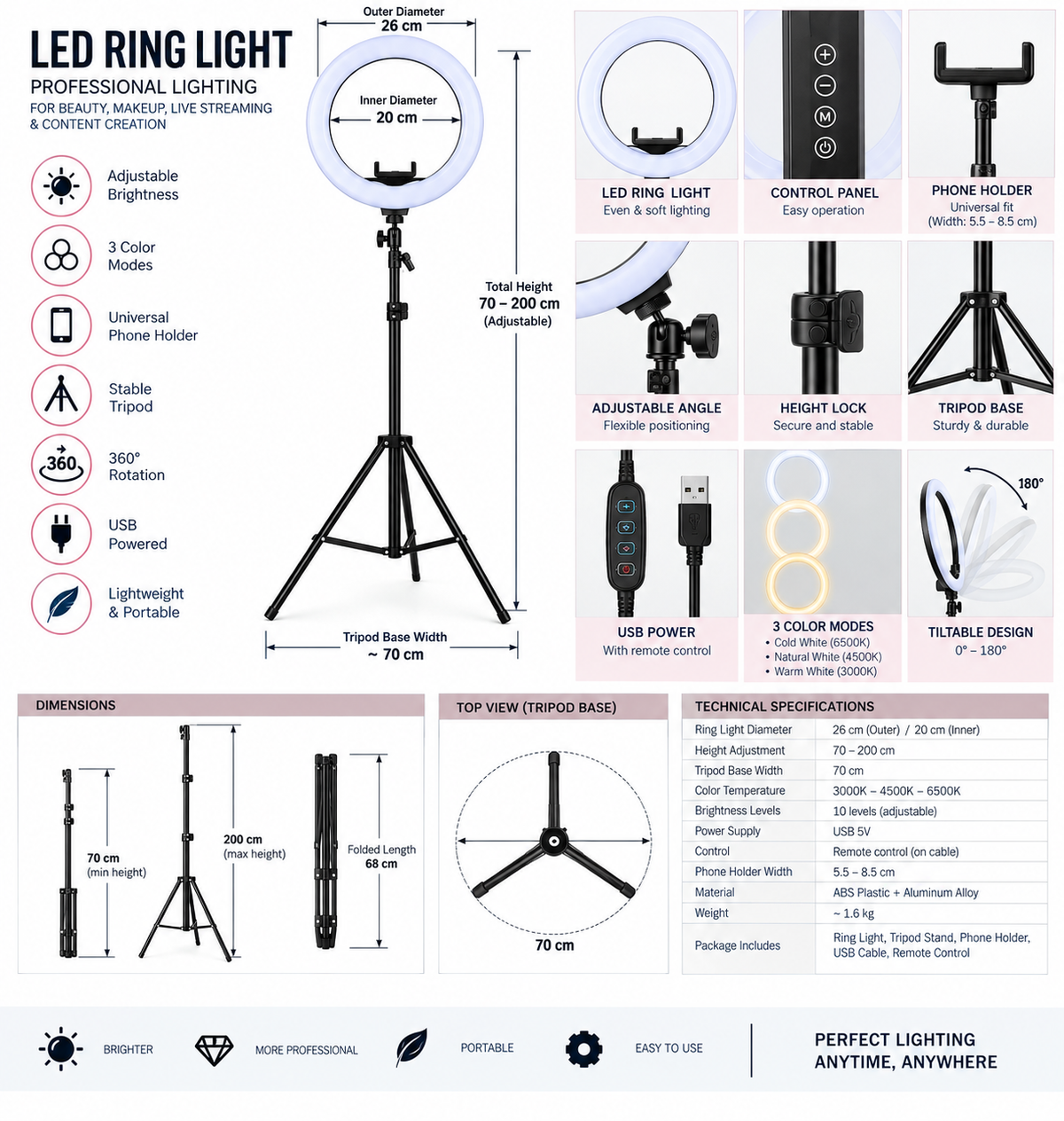 Professional LED Ring Light with Stand for Makeup & Photography