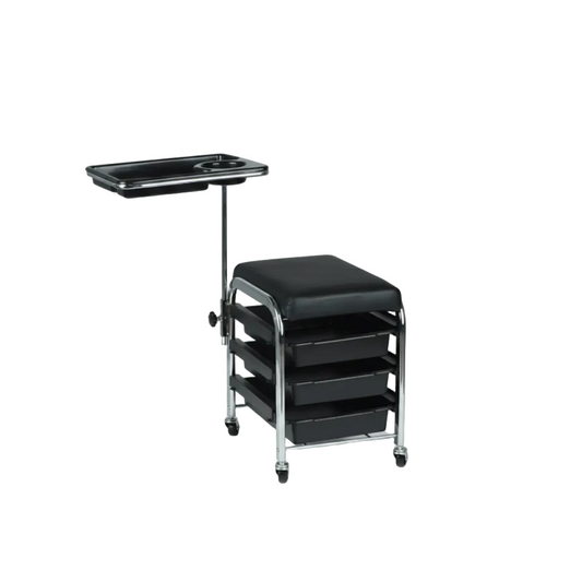 Black adjustable medical examination table with three storage drawers, a chrome frame, and an attached tray table, shown with dimension annotations on a white background.