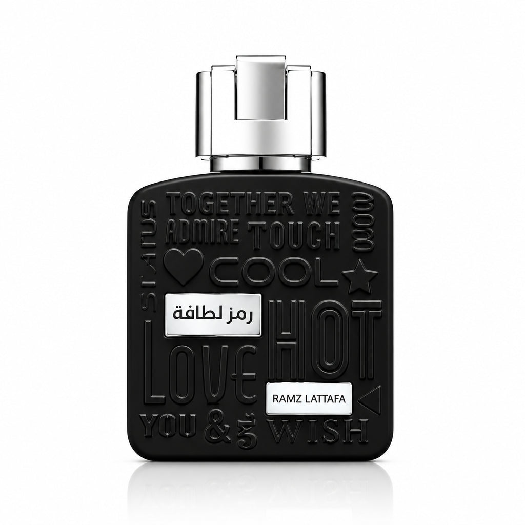 Black perfume bottle with 'Ramez Lattafa' branding on a white background