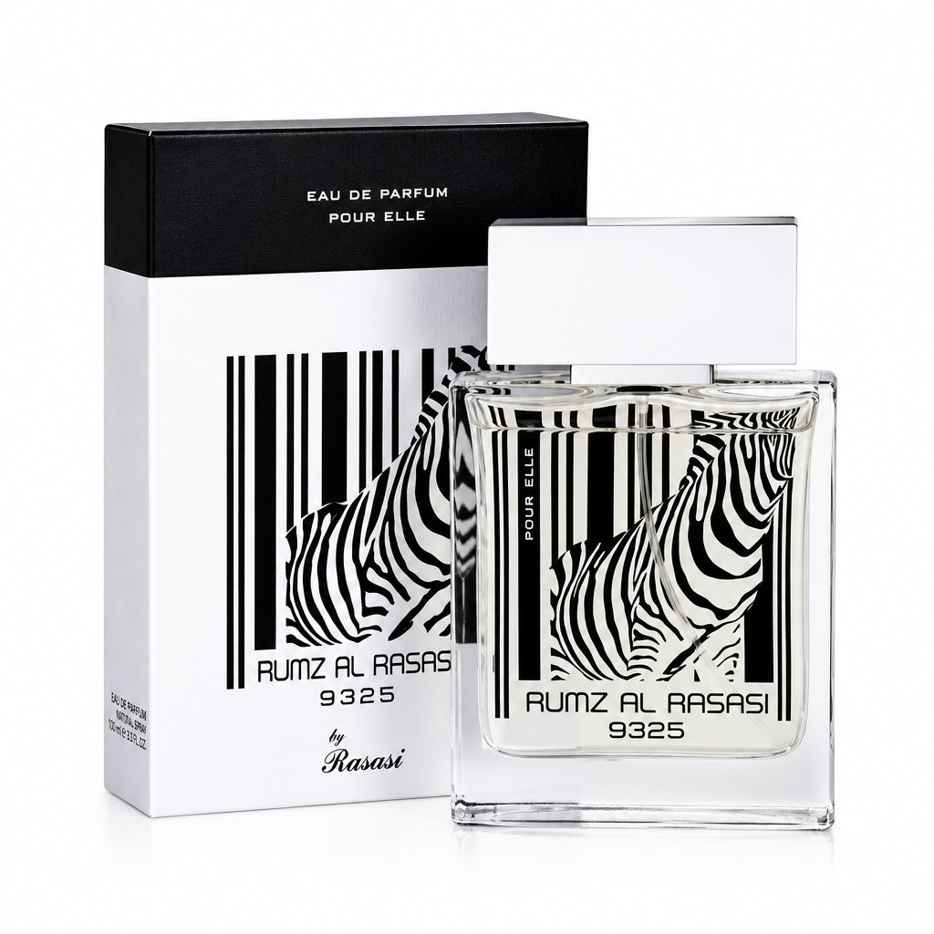 Perfume bottle and packaging with zebra design and barcode on a white background