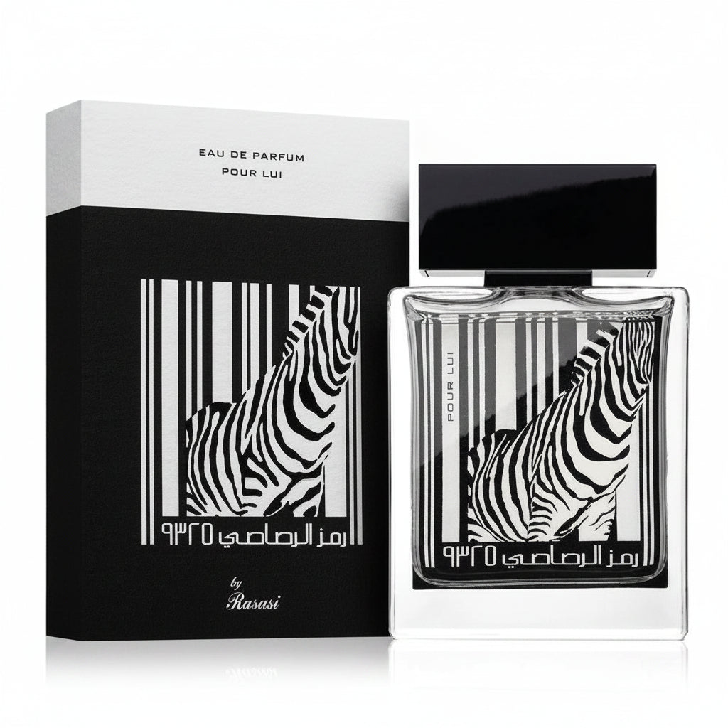 Perfume bottle and packaging with zebra design on a white background