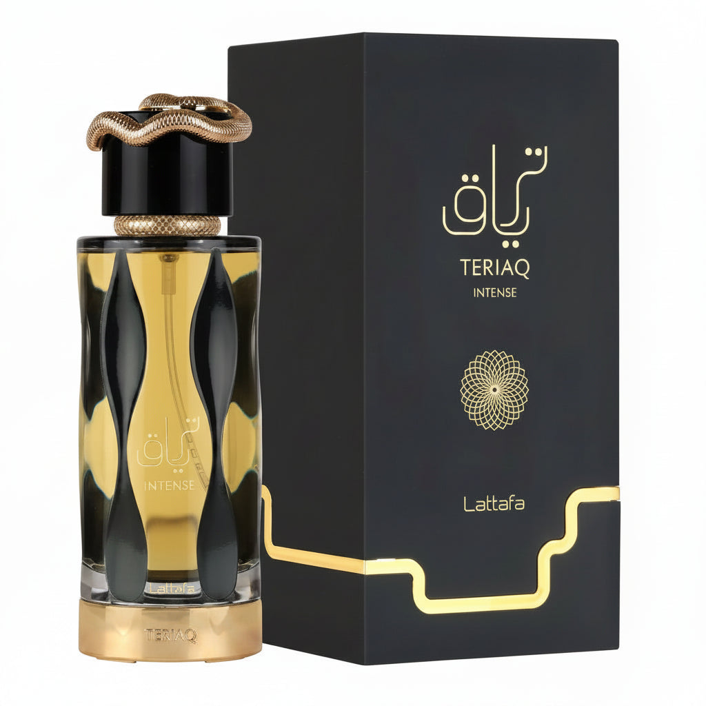Perfume bottle and packaging with 'Teriaq' branding on a white background
