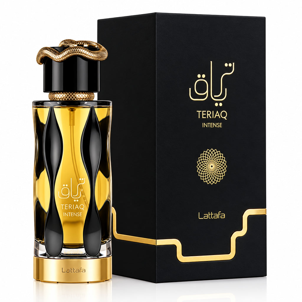 Perfume bottle and packaging with 'Teriaq' branding on a white background