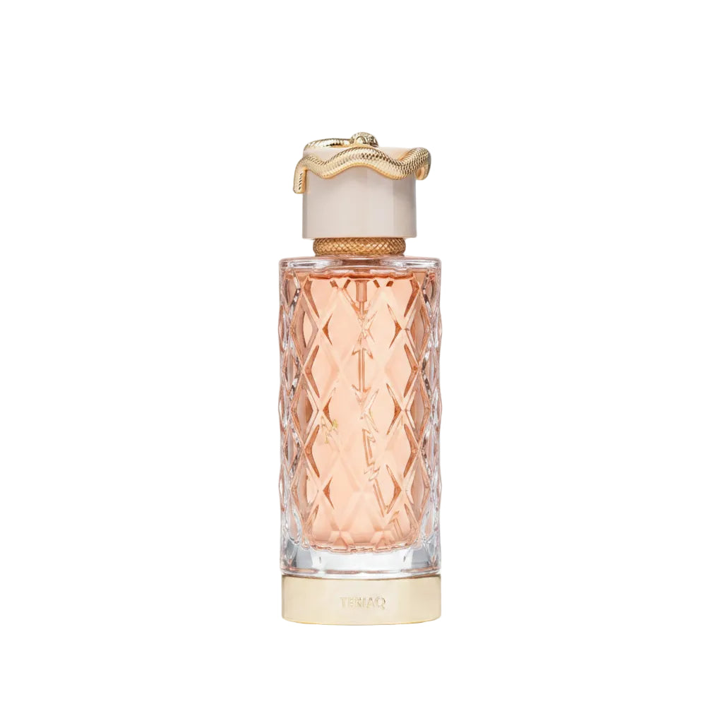 Perfume bottle with gold cap and base on a white background