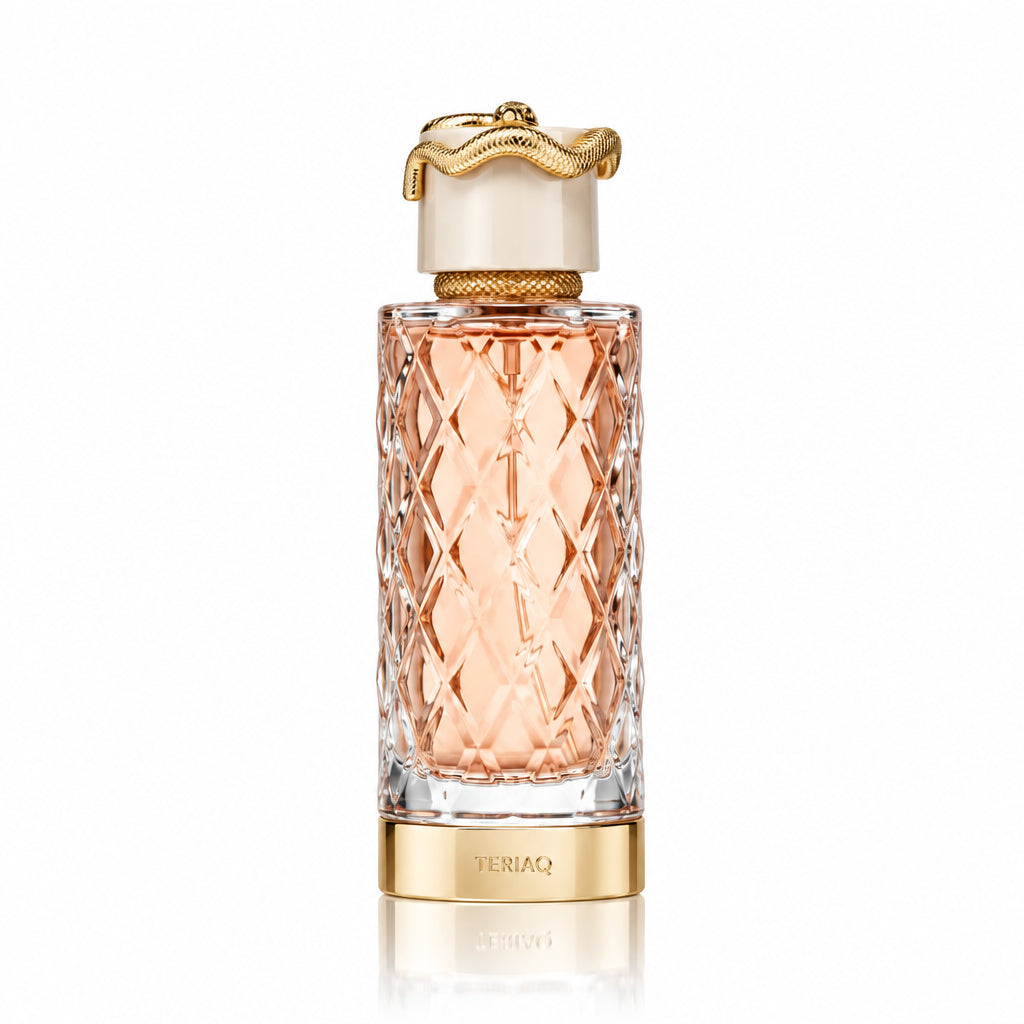 Perfume bottle with gold cap and base on a white background