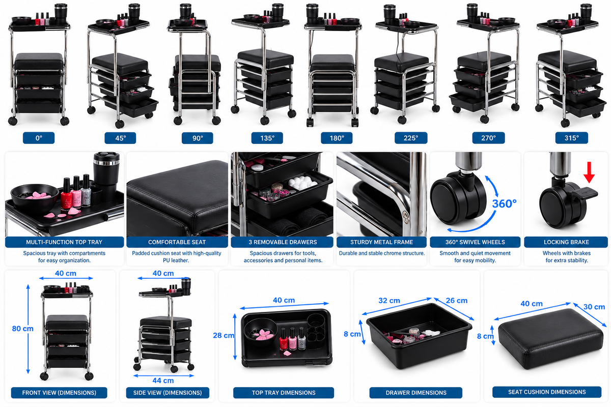 Professional Manicure Trolley with Seat & Storage Drawers
