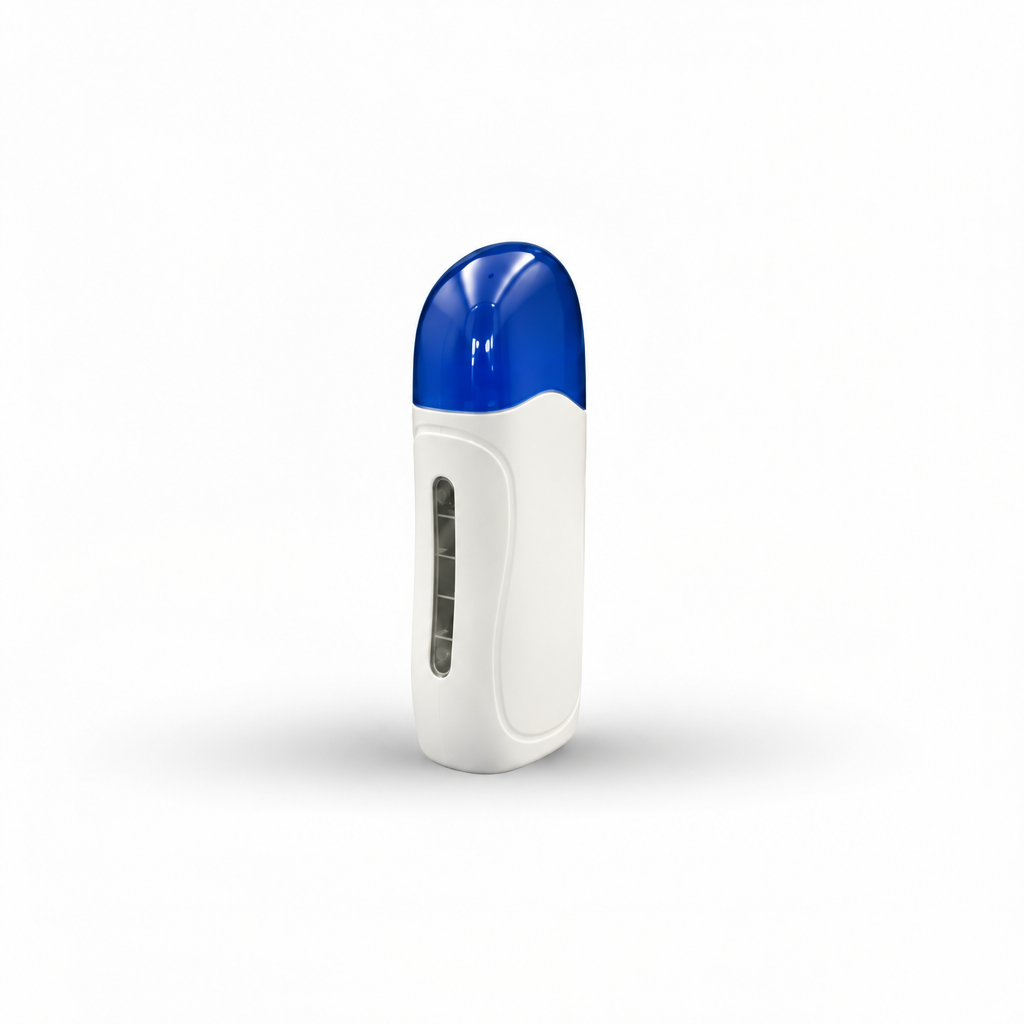 A small handheld electronic device with a white body and a blue top cap, shown upright on a plain white background with a soft shadow underneath.
