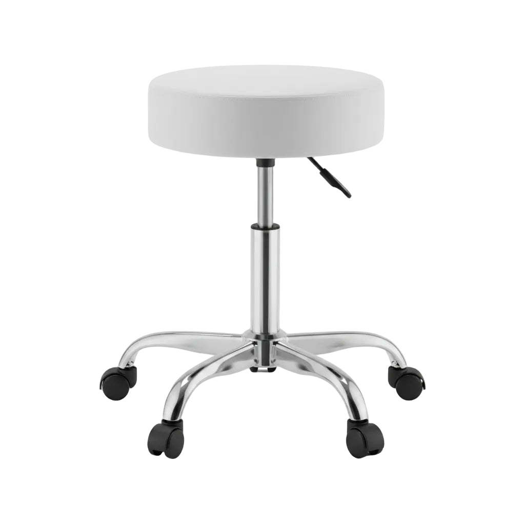 White stool with a round seat and chrome base on a white background