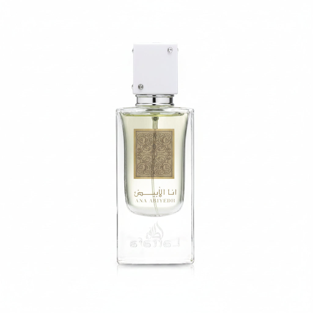 Perfume bottle with a white cap on a white background