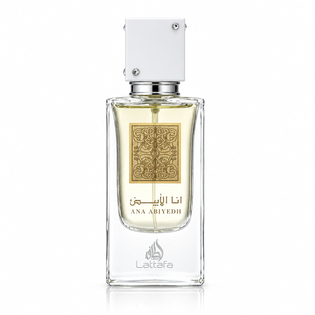 Perfume bottle with a white cap on a white background