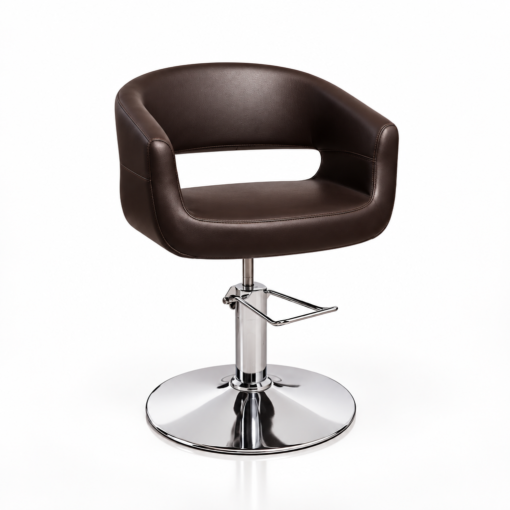 A dark brown faux leather salon or barber chair with a chrome-plated hydraulic lift base and footrest, shown against a plain white background.