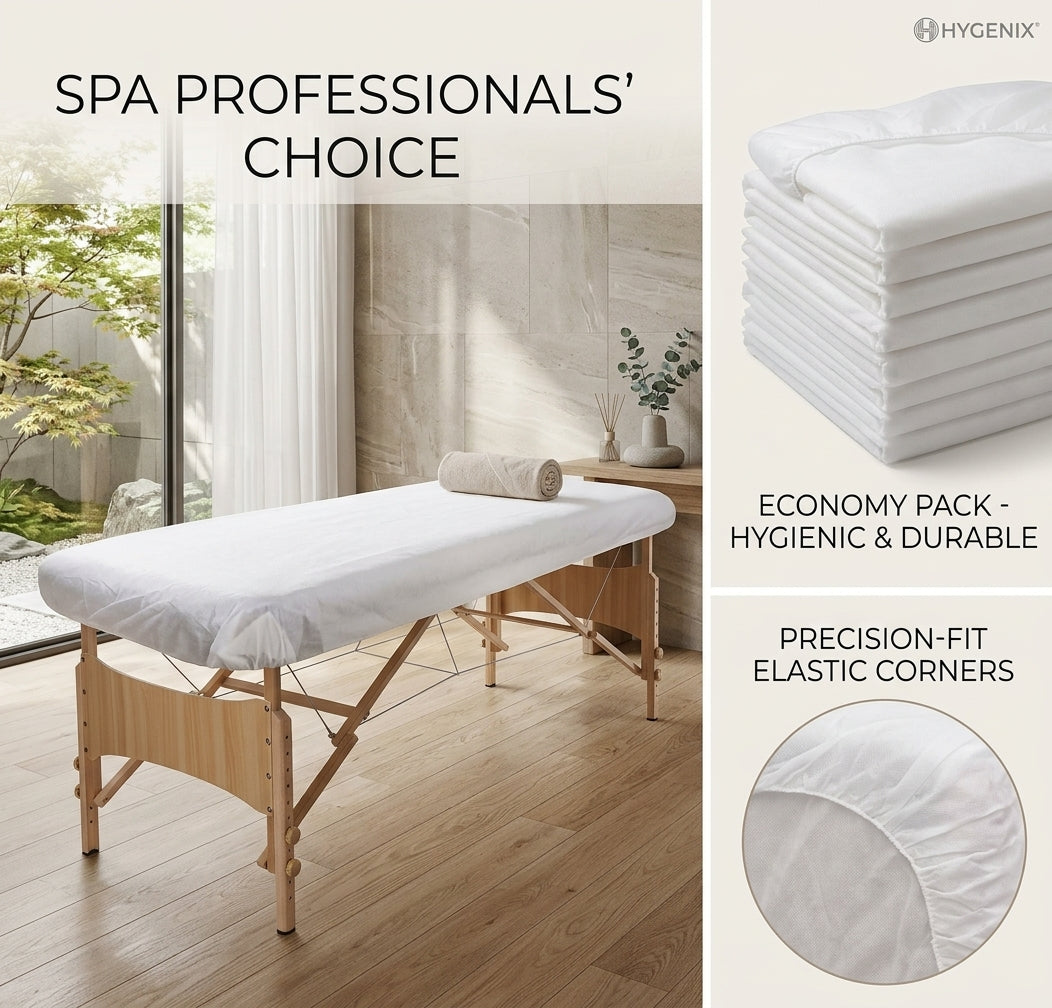 Disposable Massage Table Sheets — Non-Woven Fabric with Elastic/Rubber Fitted Edges 10 pics