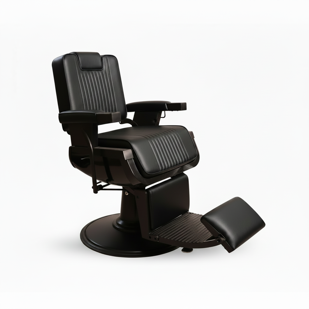 A black barber-style chair with a padded backrest, armrests, and an extended footrest, photographed on a clean white studio background.