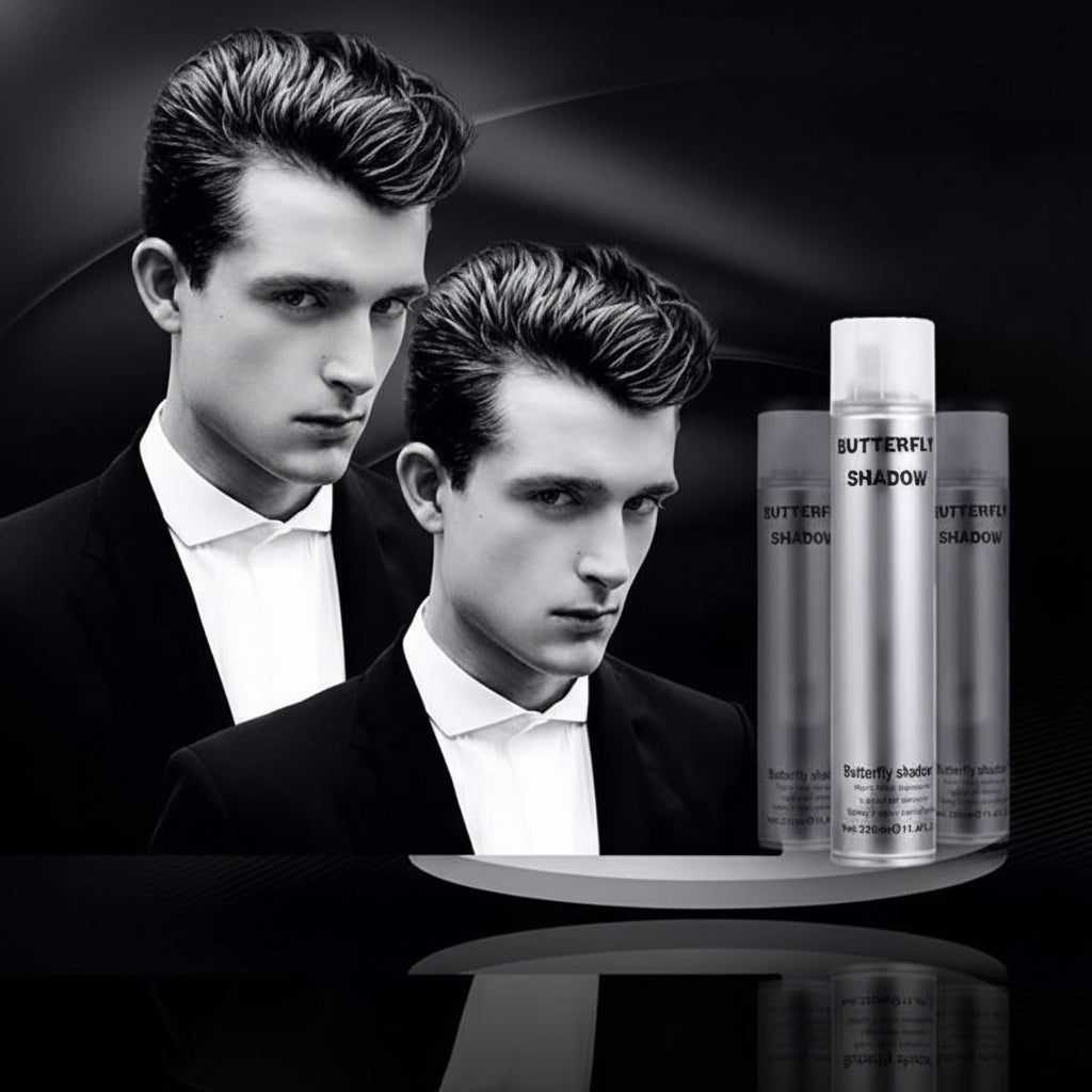 A black-and-white promotional image showing a man in a tuxedo beside three aerosol hairspray cans labeled Butterfly Shadow.