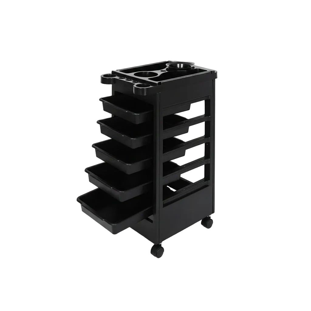 Black rolling cart with multiple trays on a white background