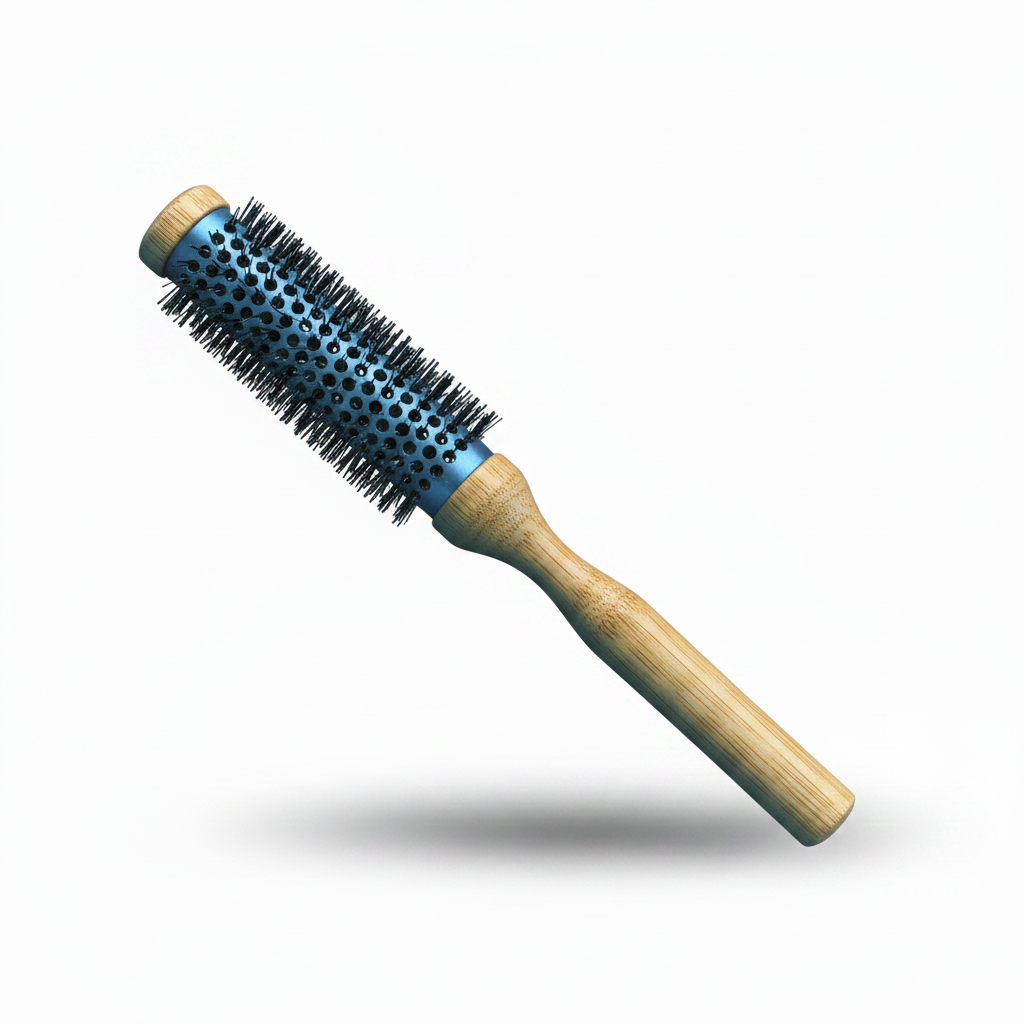A round hot air brush with a light wood handle and dark blue bristles, shown floating against a plain white background with a soft drop shadow.
