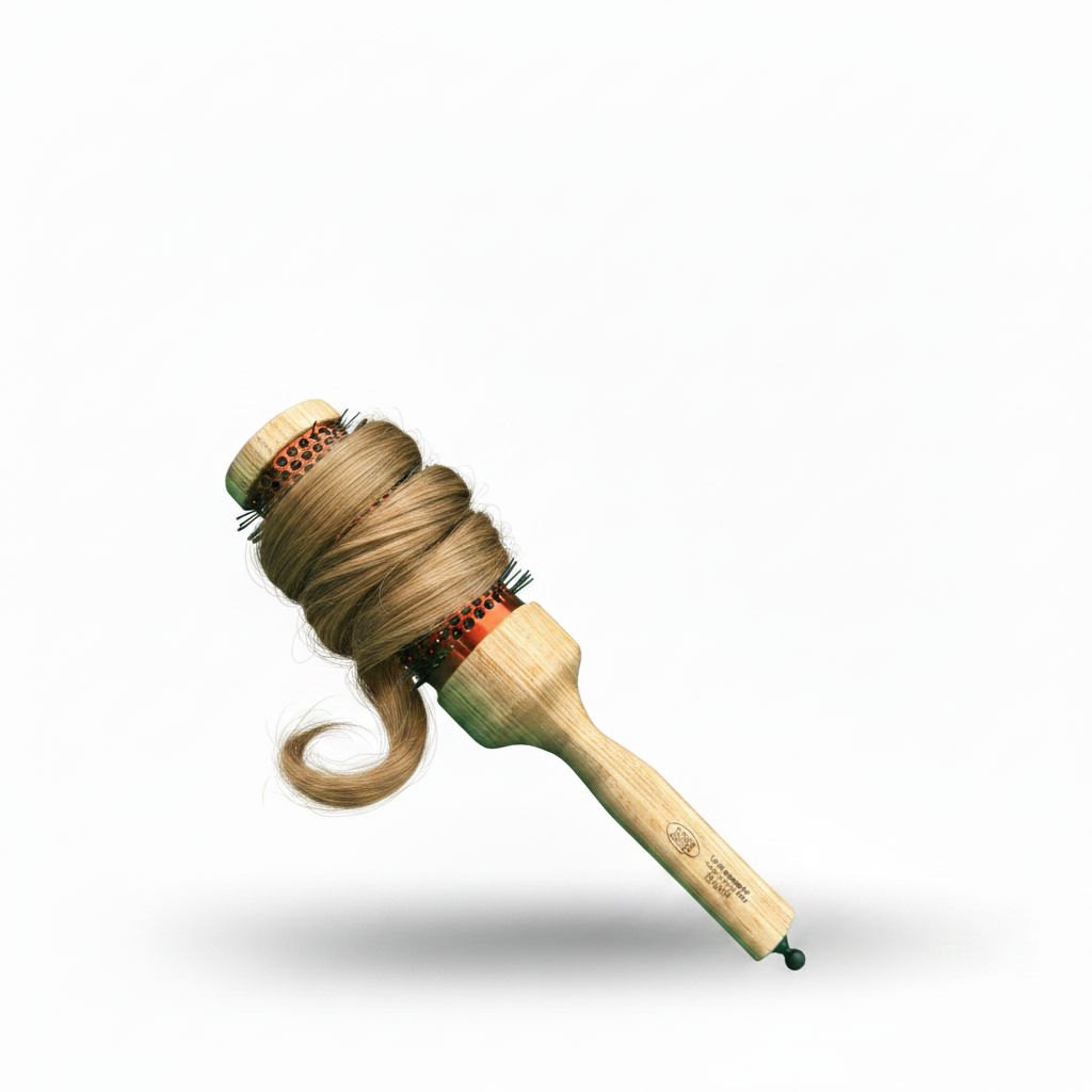 A round hot air brush with a light wood handle, a dark brown bristle head with a red honeycomb pattern, and black bristles, shown on a white background with a soft shadow.